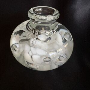 Vintage Joe St. Clair Art Glass White Clear Flower Paperweight Candle Holder